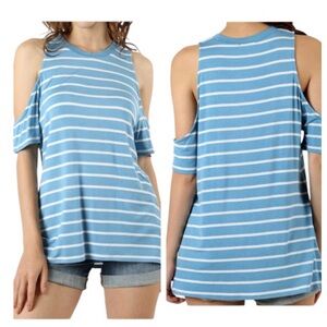 Zenana Outfitters Classic Cold-Shoulder Striped Top size large